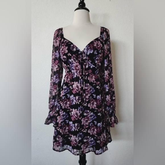 Anthropologie Dresses & Skirts - Anthropologie Floral Black and Purple Chiffon Boho Mini Dress Size Large. EUC.